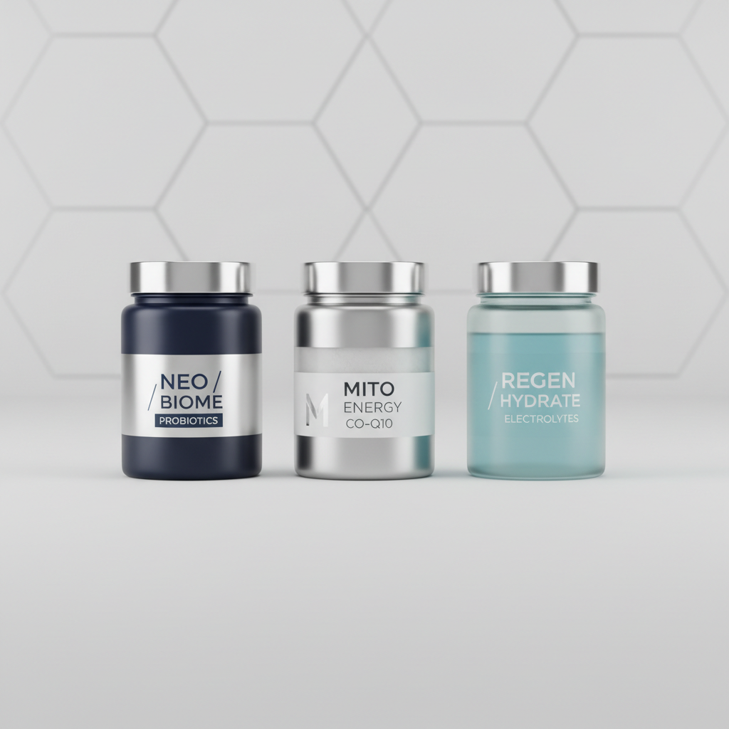 A row of exclusive, modern supplement jars featuring matte navy, silver metallic, and frosted glass finishes, each elegantly labeled with sleek, typographic branding. The jars line up on a smooth, seamless light gray platform, with the suggestion of subtle geometric patterns in the distant background, evoking a clinical laboratory environment. Bathed in soft, balanced white lighting, the jars cast delicate shadows and refined, subtle reflections. Shot from a bird’s eye view with clean, minimalist composition, the mood is confident, advanced, and highly curated, emphasizing the premium, lab-sourced ethos of the site.