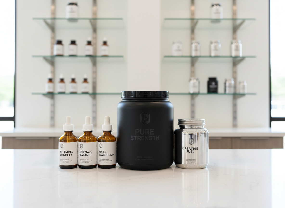 A collection of premium supplement containers, including a matte black protein powder tub, amber glass vitamin bottles with minimalist white labels, and a silver creatine jar, all neatly arranged on a pristine white countertop. The setting is a bright, modern retail space with sleek shelving and subtle reflective surfaces in the background. Ambient daylight pours in from large unseen windows, casting soft, natural highlights and faint, crisp shadows. The mood is clean, professional, and inviting. Shot at eye level with a centered, symmetrical composition and sharp focus throughout, emphasizing a modern, photorealistic, and trustworthy atmosphere, perfectly aligning with a science-backed supplement store.